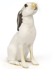 Poster - Realistic white rabbit sitting upright against a plain background