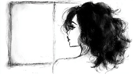 Wall Mural -  a black and white sketch of a woman with long hair looking out of a window Her face is clearly visible, with her eyes closed and her lips slightly parted Her hair