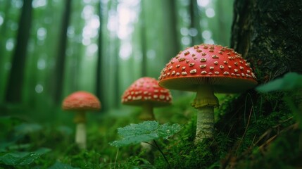 Poster - Vibrant Red Mushrooms in Lush Green Forest Setting