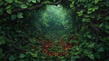 Poster - Enchanted Forest Pathway Surrounded by Lush Greenery and Flowers