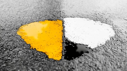 Wall Mural -  a pothole in the middle of a road, with a yellow and white paint splattered across it The yellow paint is in the shape of a heart, and the white paint is scattered