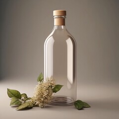 empty glass bottle, bamboo lid in wooden color, object container for liquid, lotion, drinks, gel, with a neutral background and floral decoration for commercial content, fresh and organic design