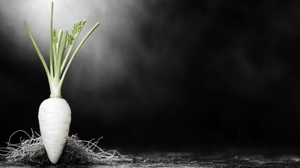 Wall Mural -  a white radish sitting atop a table, with its roots visible at the bottom The background is dark, creating a stark contrast between the bright white of the radish