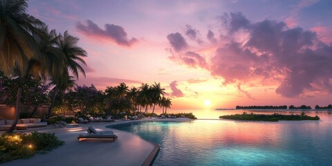 Wall Mural - A stunning sunset over the crystal-clear waters of the Maldives, with palm trees swaying in the breeze and loungers by an infinity pool overlooking a serene beach