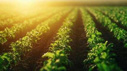 Poster - Sunlit Rows of Fresh Green Plants in Agricultural Field