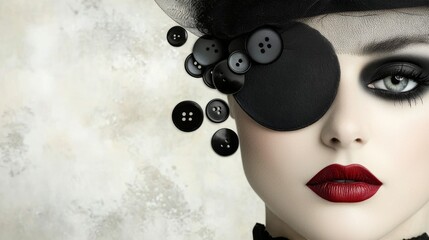 Wall Mural -   a woman wearing a black hat and red lipstick, with black eye patches adorning her eyes The background is a stark white, creating a striking contrast with the woman's outfit