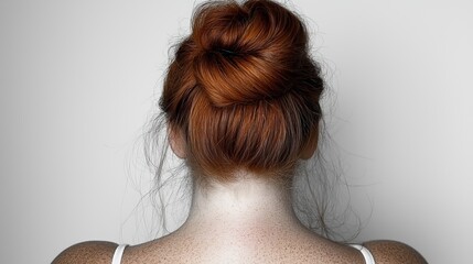 Wall Mural -  a woman with red hair in a messy bun, her back facing the viewer against a white background