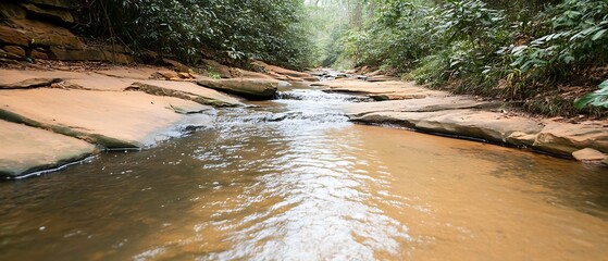 Poster - Serene river flowing through lush greenery in a tranquil forest setting