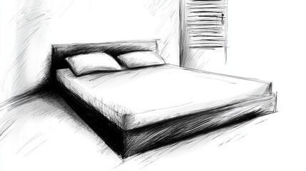 Wall Mural -  a black and white drawing of a bed with two pillows on it, set against a white background