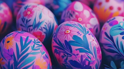 Wall Mural - Vibrant and Collection of Colorful Handpainted Easter Eggs Decorated with Intricate Floral Patterns and Designs Representing the Joy and of Spring Season