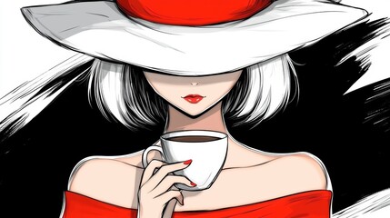 Wall Mural -  a woman wearing a red dress and a white hat, holding a cup of coffee in her hand against a black and white background