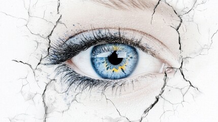 Wall Mural -   a close up of a woman's blue eye with a cracked wall in the background The eye is the focus of the image, with the wall providing a stark contrast to the vibrant blue of the eye