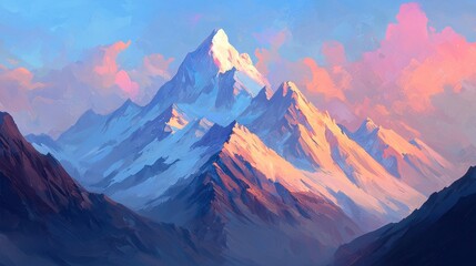 Wall Mural - Serene Mountain Landscape with Snow-Capped Peaks in Sunset Glow