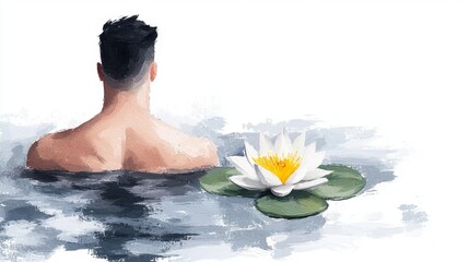 Wall Mural -  a man swimming in a body of water with a white water lily in front of him The water is still and clear, and the lily is floating on the surface of the water The m