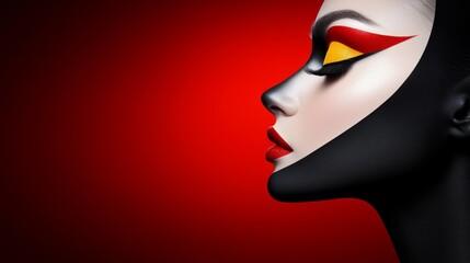 Wall Mural -  a woman with black and red makeup on her face against a red background Her face is adorned with a bold red and yellow eye makeup, creating a striking contrast agai