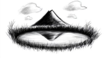 Wall Mural -  a black and white drawing of an eye with a triangle in the middle of it, surrounded by grass and clouds