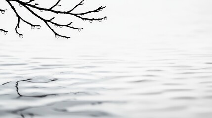 Wall Mural -  a black and white photo of a tree branch with water droplets on it, set against a white background The droplets are glistening in the light, reflecting off the sur