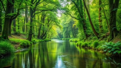  A tranquil stream winding through a dense, vibrant green forest with towering trees and lush vegetation surrounding its banks, serene, woodland