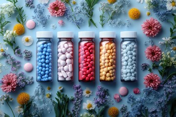 Wall Mural - Creative advertising layouts showcasing colorful pills among floral arrangements