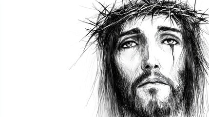 Wall Mural -  a black and white drawing of Jesus with a crown of thorns on his head, set against a white background