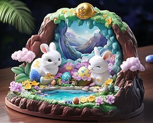 Poster - Two playful rabbits surrounded by colorful flowers and Easter eggs in a serene forest setting with a tranquil pond