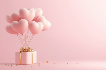 Wall Mural - Romantic pink gift box with heart-shaped balloons floating in a soft pastel background