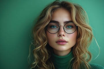 Wall Mural - Captivating woman with glasses showcasing trendy style against a green backdrop