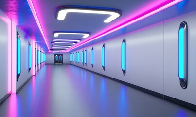 Poster - Futuristic neon corridor, glowing lights, sleek walls, empty space, sci-fi background, website banner