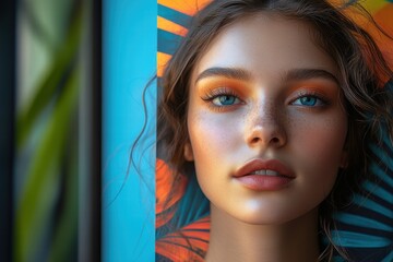 Wall Mural - A young woman poses with an expressive gaze, showcasing striking blue eyes and bold orange makeup