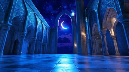 Wall Mural - Night scene, crescent moon, Islamic architecture courtyard