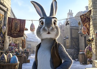 Poster - Whimsical rabbit character stands in a quaint village during Easter festivities