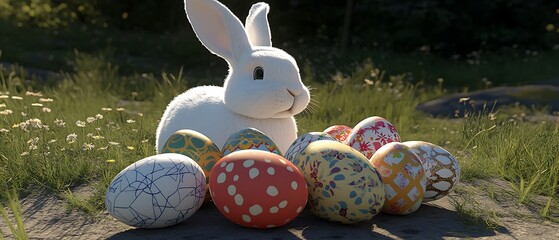 Poster - White bunny surrounded by colorful decorated eggs in a grassy field