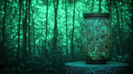 Wall Mural - Decorative Jar with Leaf Patterns in Mystical Green Forest Setting