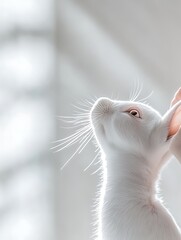 Poster - White rabbit gazing upwards, illuminated by soft natural light indoors