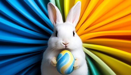 Wall Mural - White rabbit holding a colorful Easter egg against vibrant backdrop