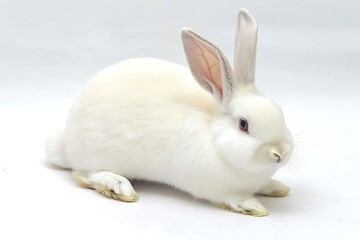 Poster - White rabbit resting on a smooth surface with a serene expression