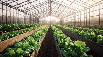 Wall Mural - Lush Greenhouse with Rows of Vibrant Leafy Greens Under Glass