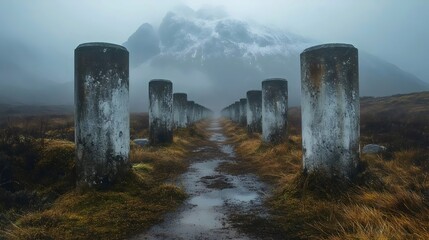 Wall Mural - A long path of wooden posts is surrounded by a field of grass