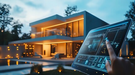 Fototapete - A hand interacts with a sleek digital interface in front of a modern house