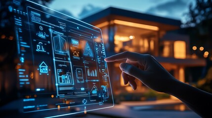 Poster - A hand interacts with a sleek digital interface in front of a modern house