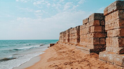 Wall Mural - Ancient Stone Structure on Sandy Beach under Clear Blue Sky