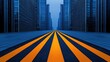 © Sasiwan - A vibrant urban scene featuring bold yellow stripes on a road, framed by towering blue skyscrapers under a twilight sky.