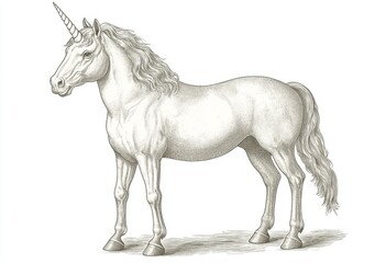 A plump unicorn, both fat and overweight, adorned with a flowing mane and tail, captures whimsy and fantasy charm in a sketch engraving image illustration. Scratch board imitation. Black and white