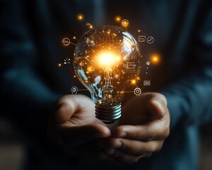 Aufkleber - Businessman hand holding creative light bulb with global Internet connection icons