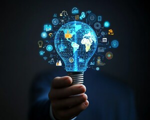 Aufkleber - Businessman hand holding creative light bulb with global Internet connection icons