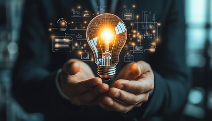 Aufkleber - Businessman hand holding creative light bulb with global Internet connection icons