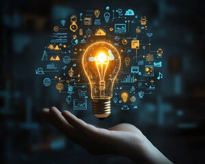 Aufkleber - Businessman hand holding creative light bulb with global Internet connection icons
