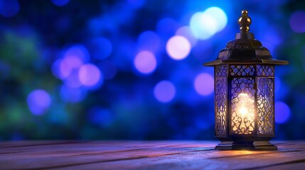 Wall Mural - Illuminated lantern on wooden table, night bokeh background; Ramadan greeting