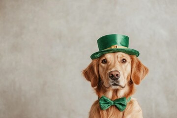 Wall Mural - A golden retriever wearing a green hat and bowtie, celebrating St Patrick s Day with a playful expression in a soft, neutral background