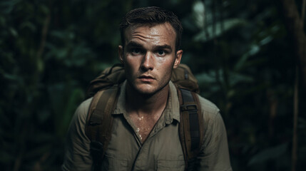 A white man in the hiking gear backpack looks lost tried and confused background deep dark jungle 